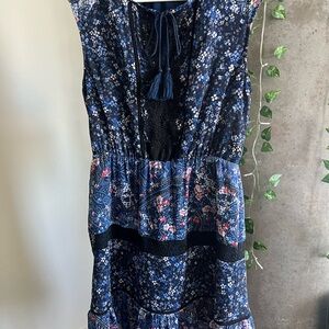Tahari Navy Floral Tie-Neck Tiered Dress
